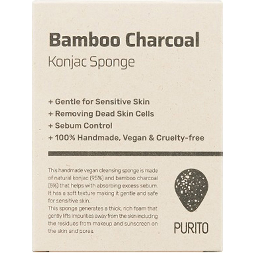 PURITO Bamboo Charcoal Konjac - Burete pentru fata formulat cu jeleu de limba diavolului Konjac si carbune de bambus, care contribuie la curatarea tenului si la mentinerea confortului cutanat