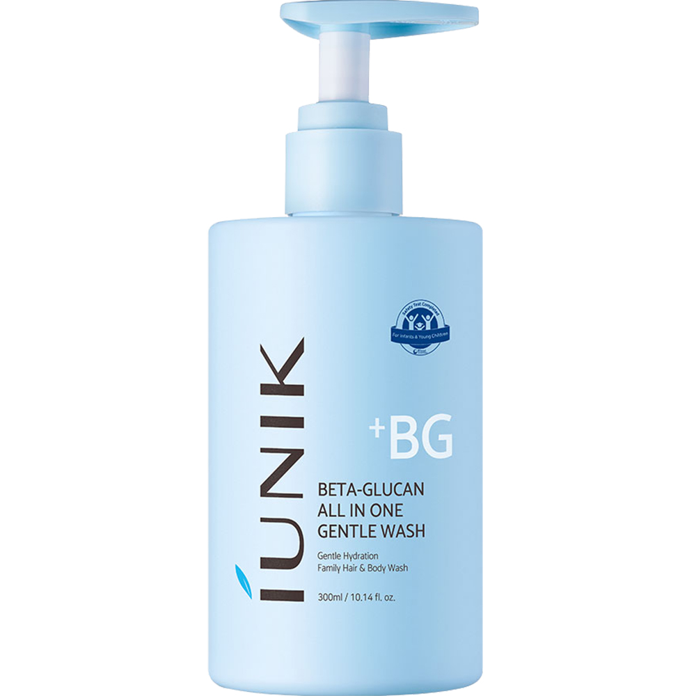 IUNIK Beta Glucan All In One Gentle Wash, 300 ml - Gel de dus formulat cu acid hialuronic si beta-glucan, care contribuie la curatarea zilnica pentru fata, par si corp si la metinerea echilibrului natural al pielii