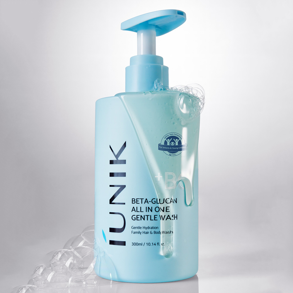 IUNIK Beta Glucan All In One Gentle Wash, 300 ml - Gel de dus formulat cu acid hialuronic si beta-glucan, care contribuie la curatarea zilnica pentru fata, par si corp si la metinerea echilibrului natural al pielii