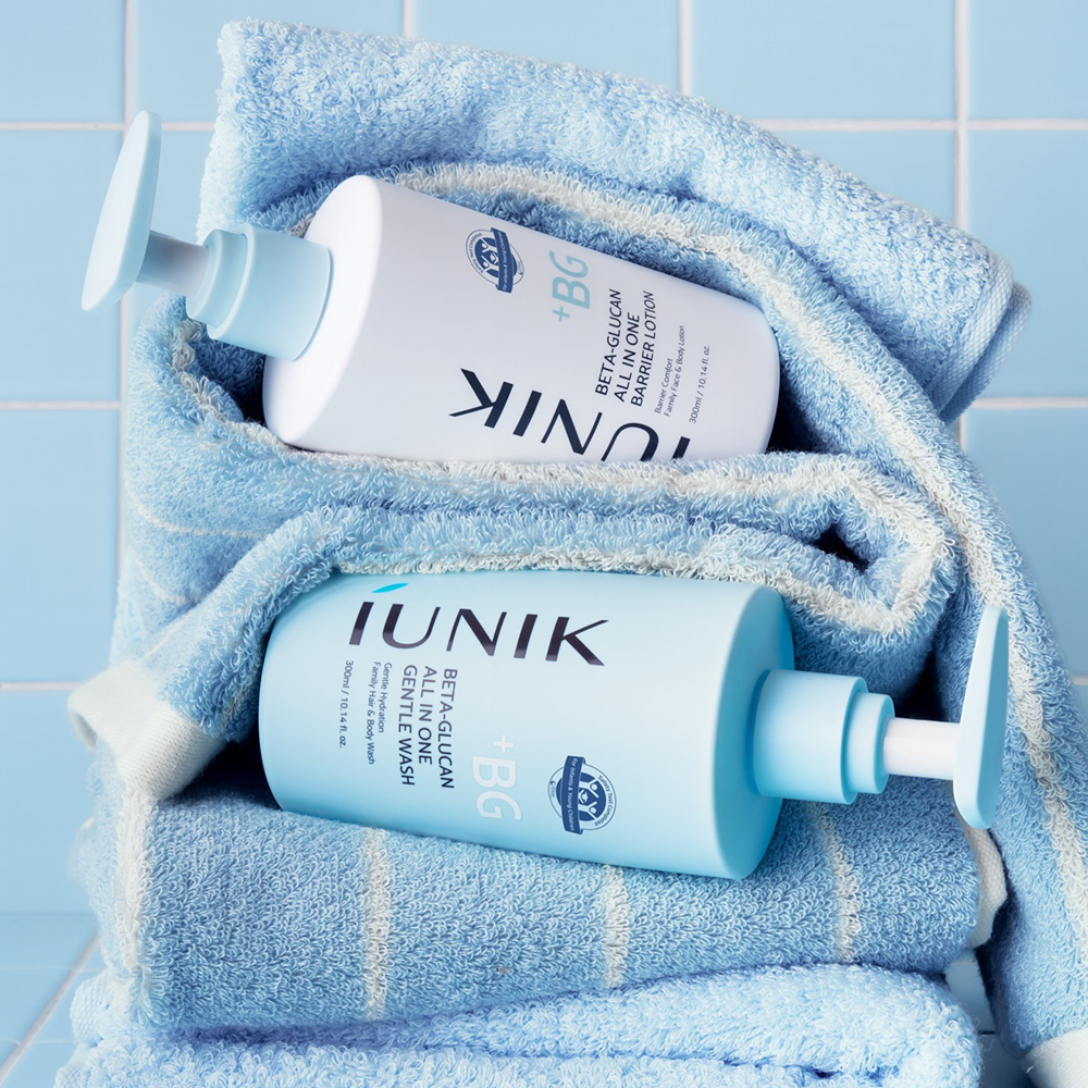 IUNIK Beta Glucan All In One Gentle Wash, 300 ml - Gel de dus formulat cu acid hialuronic si beta-glucan, care contribuie la curatarea zilnica pentru fata, par si corp si la metinerea echilibrului natural al pielii