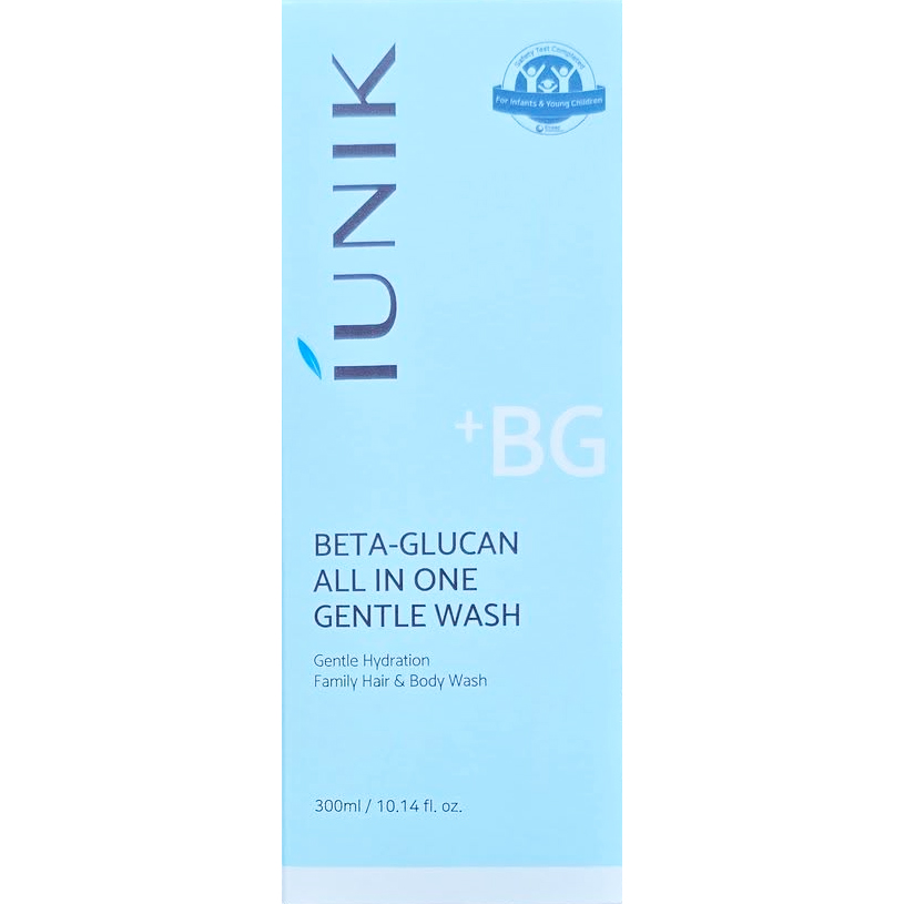 IUNIK Beta Glucan All In One Gentle Wash, 300 ml - Gel de dus formulat cu acid hialuronic si beta-glucan, care contribuie la curatarea zilnica pentru fata, par si corp si la metinerea echilibrului natural al pielii