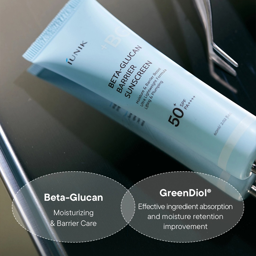 IUNIK Beta Glucan Barrier Sunscreen SPF50+ PA++++ 60 ml - Crema de fata formulata cu beta-glucan si extract de Panax Ginseng, care contribuie la protectia UV ridicata si la sustinerea barierei cutanate