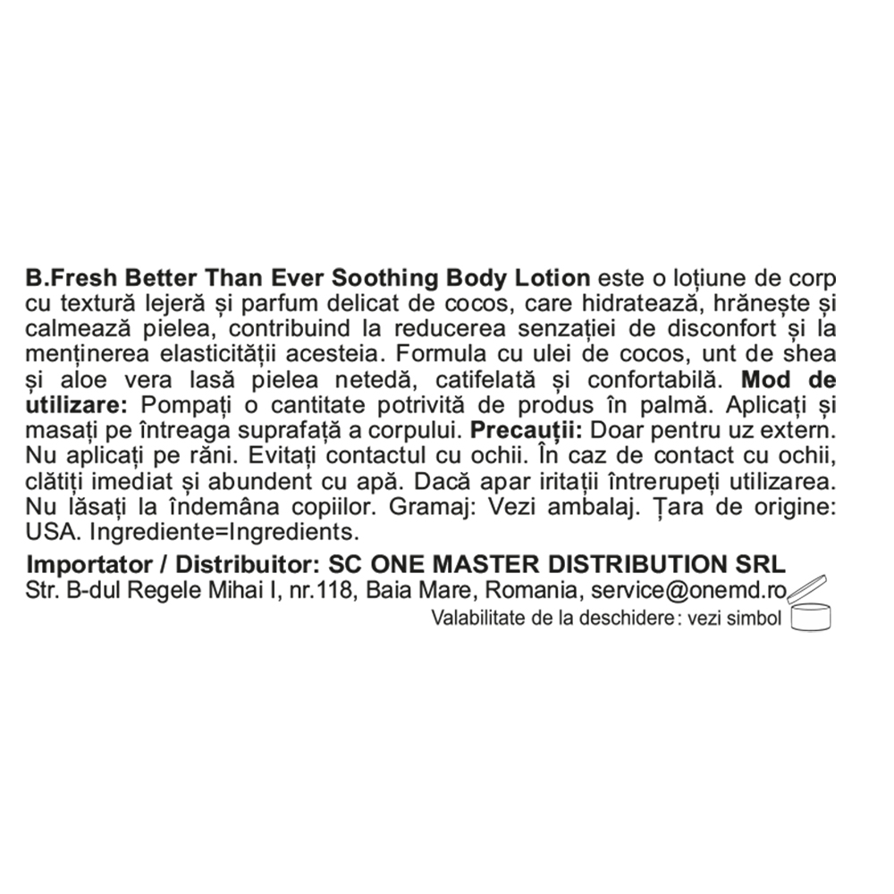 B.fresh Better Than Ever, 355 ml - lotiune de corp formulata cu ulei de cocos si aloe vera, care contribuie la mentinerea hidratarii pielii si la mentinerea confortului pielii uscate sau sensibilizate