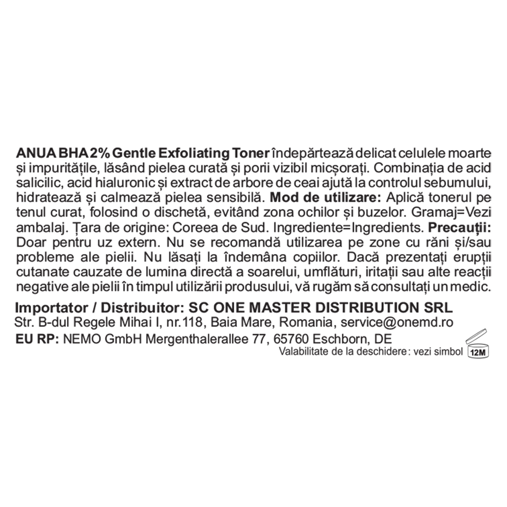 ANUA Toner Exfoliant BHA 2% - Exfoliere Delicata si Curatare Pori, 150 ml