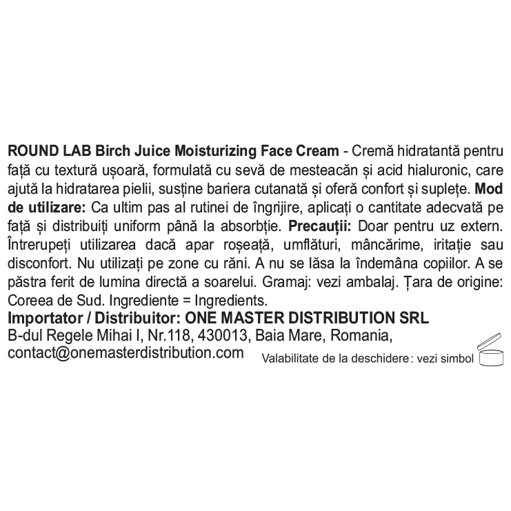 ROUND LAB Birch Juice Moisturizing Cream - crema de fata formulata cu seva de mesteacan si pantenol, care contribuie la hidratarea pielii si la metinerea confortului cutanat - 80 ml