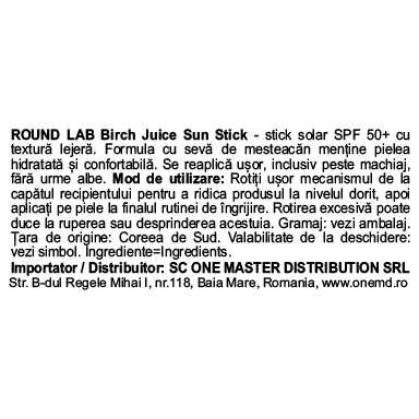 ROUND LAB Birch Juice Sun Stick SPF 50+, , 19 gr - stick pentru fata formulat cu seva de mesteacan si acid hialuronic, care contribuie la mentinerea hidratarii si la protejarea pielii impotriva efectelor negative ale radiatiilor UV