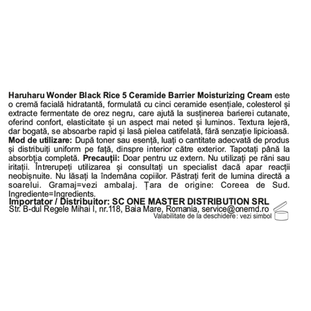 HARUHARU WONDER Black Rice 5 Ceramide Barrier Moisturizing Cream - crema de fata formulata cu ceramide si extract de orez negru fermentat, care contribuie la sustinerea si intarirea barierei naturale a pielii si la mentinerea nivelului optim de hidratare - 50 ml