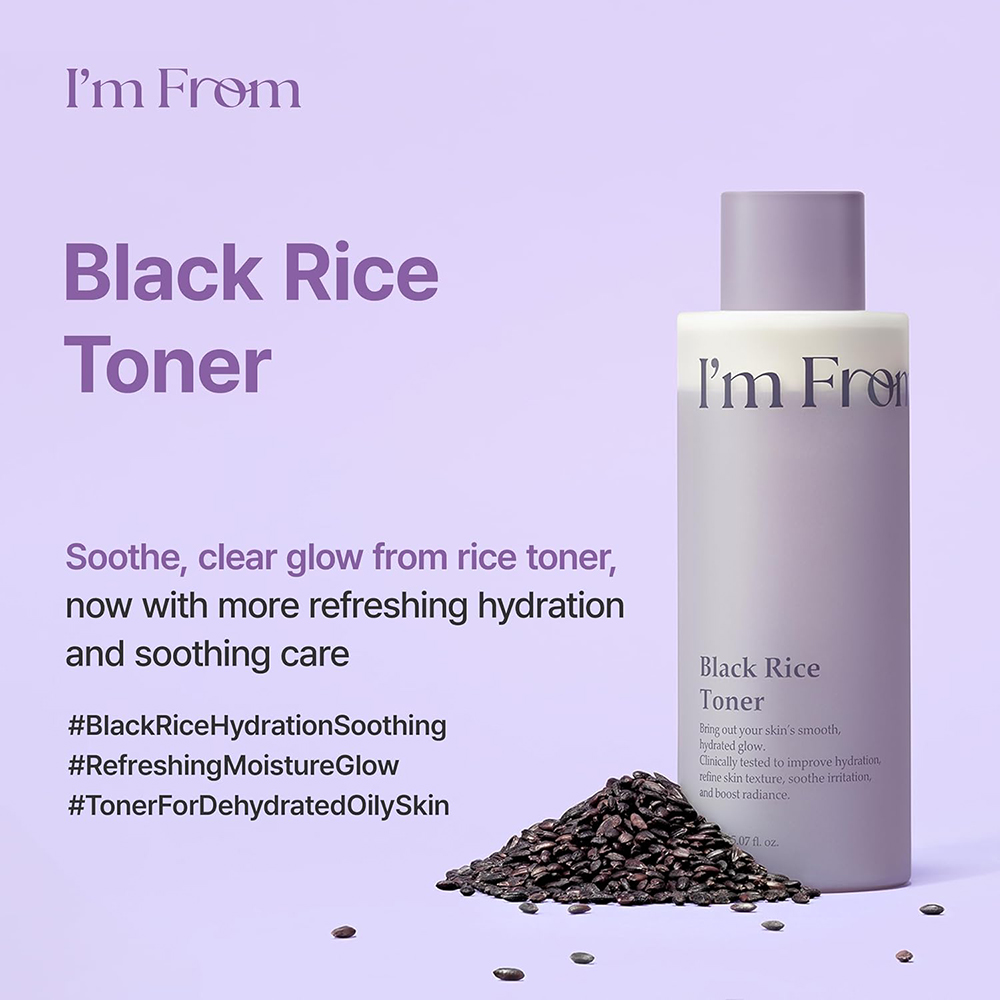 I'M FROM Black Rice Toner 150 ml - Toner de fata formulat cu apa de orez negru fermentata si acid hialuronic, care contribuie la hidratarea si calmarea pielii si la metinerea luminozitatii