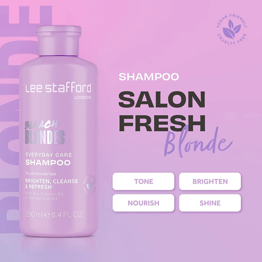 LEE STAFFORD Bleach Blondes Everyday Care, 250 ml - sampon formulat cu extract de musetel si provitamina B5 (pantenol), care contribuie la curatarea scalpului si lungimilor si la metinerea unui ton rece al parului blond natural sau decolorat