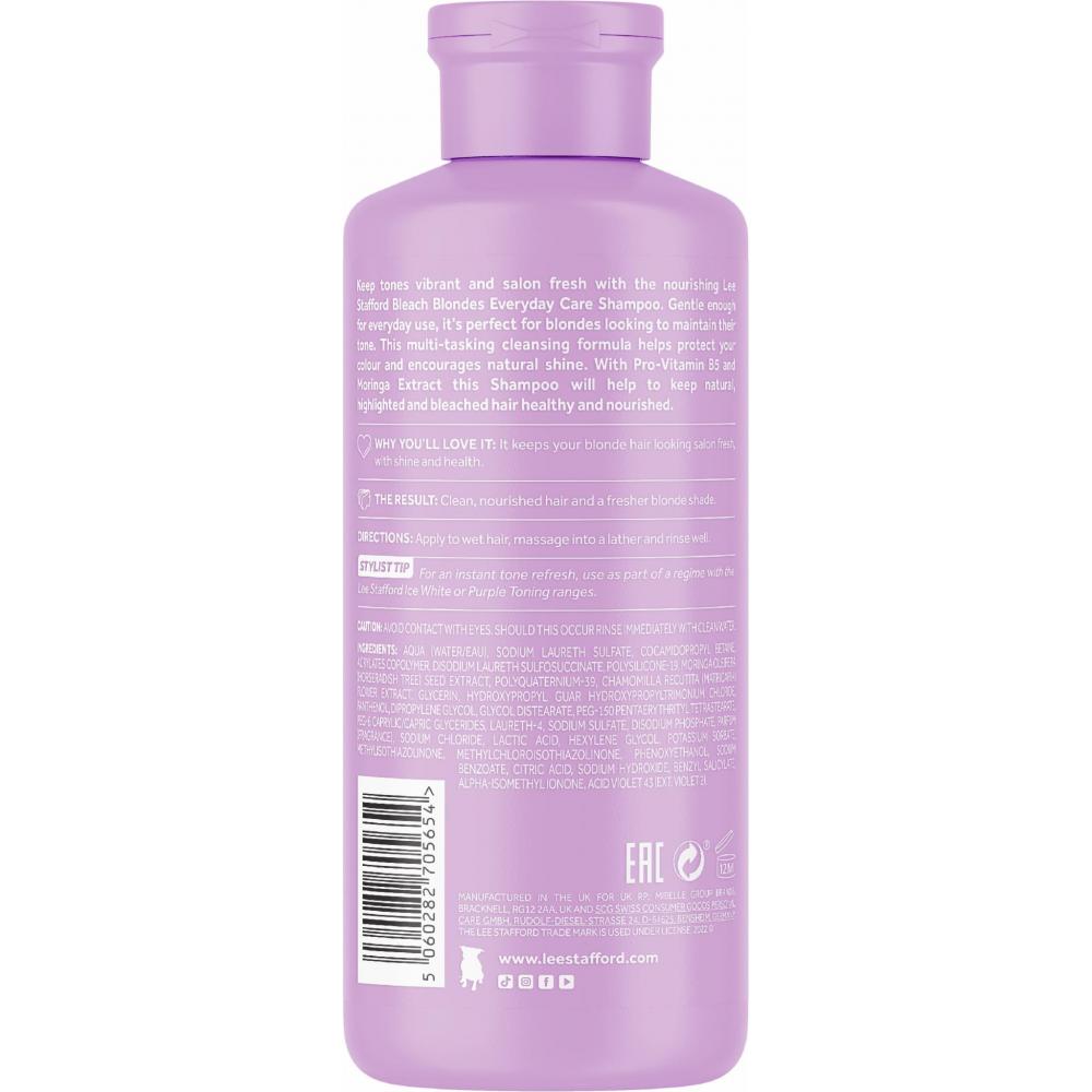 LEE STAFFORD Bleach Blondes Everyday Care, 250 ml - sampon formulat cu extract de musetel si provitamina B5 (pantenol), care contribuie la curatarea scalpului si lungimilor si la metinerea unui ton rece al parului blond natural sau decolorat