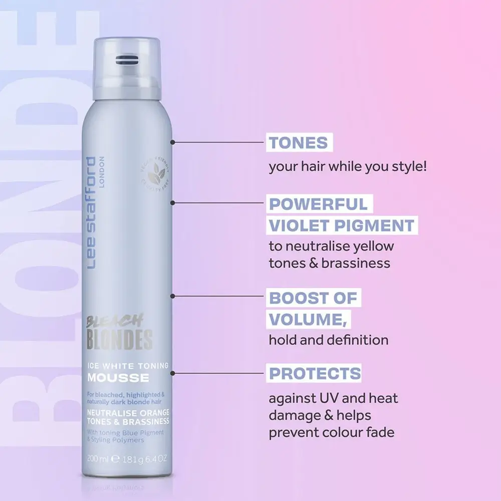 LEE STAFFORD Bleach Blondes Spuma de Par Nuantatoare Ice White - Neutralizare Tonuri Portocalii si Protectie UV, 200 ml