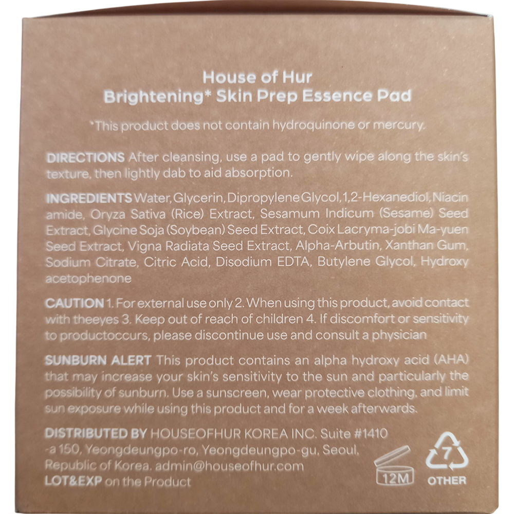 HOUSE OF HUR Brightening Skin Prep Essence Pad - toner de fata formulat cu extract de orez si niacinamida, care contribuie la exfolierea delicata, hidratarea pielii si la mentinerea aspectului uniform - 70 buc