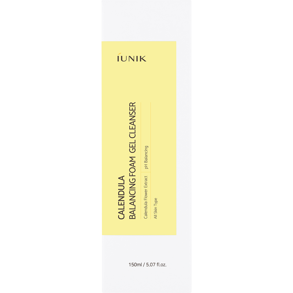 IUNIK Calendula Balancing Foam Gel Cleanser 150 ml - Gel de curatare formulat cu extract de flori de galbenele si acid hialuronic, care contribuie la indepartarea impuritatilor, excesului de sebum, urmelor de protectie solara si machiajului si la metinerea echilibrului natural al pielii si a nivelului optim de hidratare dupa fiecare utilizare