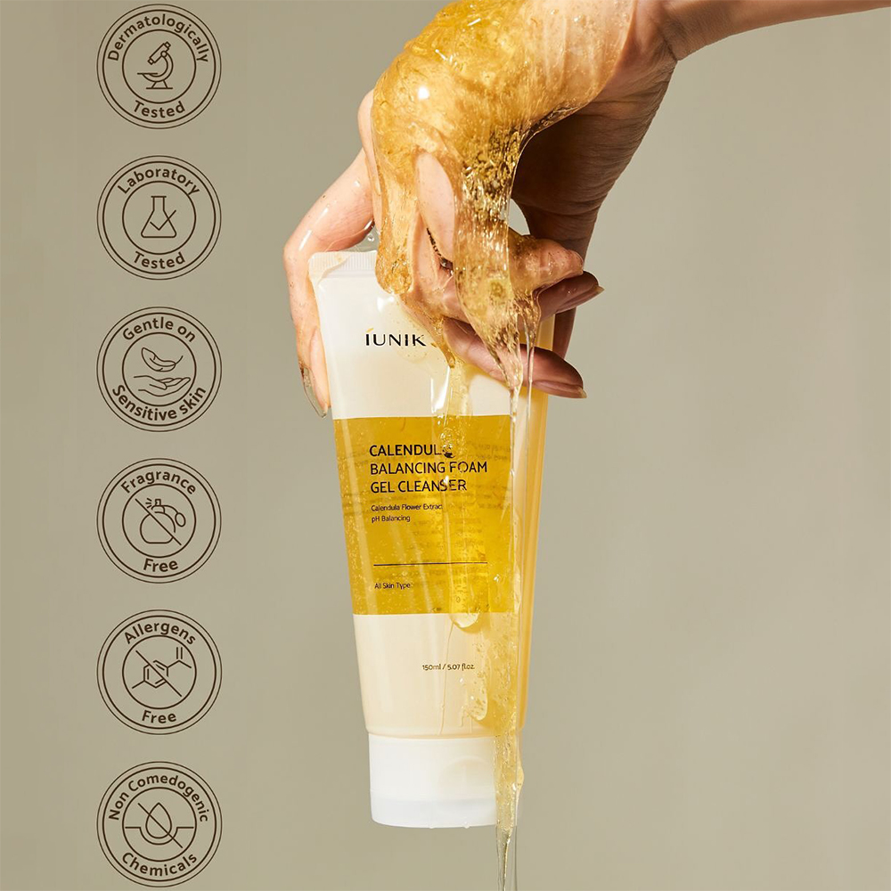 IUNIK Calendula Balancing Foam Gel Cleanser 150 ml - Gel de curatare formulat cu extract de flori de galbenele si acid hialuronic, care contribuie la indepartarea impuritatilor, excesului de sebum, urmelor de protectie solara si machiajului si la metinerea echilibrului natural al pielii si a nivelului optim de hidratare dupa fiecare utilizare