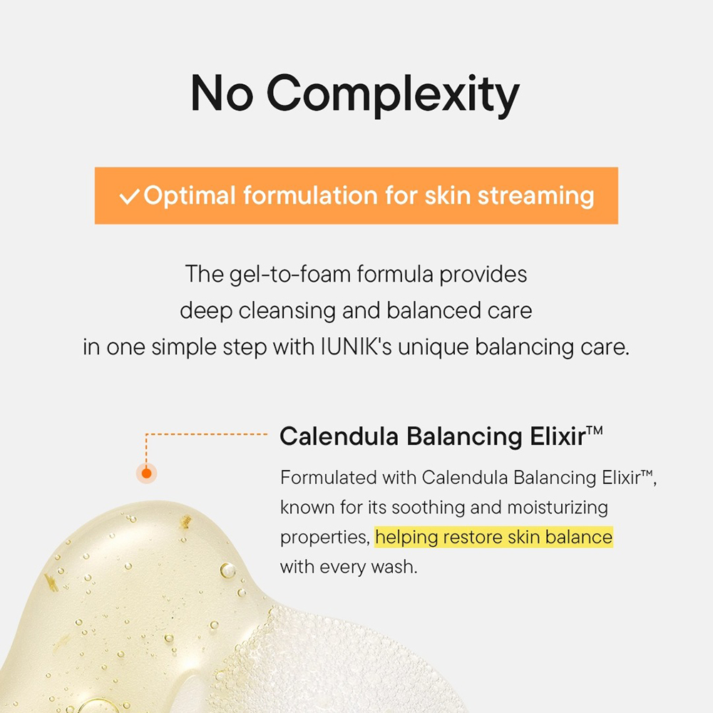IUNIK Calendula Balancing Foam Gel Cleanser 150 ml - Gel de curatare formulat cu extract de flori de galbenele si acid hialuronic, care contribuie la indepartarea impuritatilor, excesului de sebum, urmelor de protectie solara si machiajului si la metinerea echilibrului natural al pielii si a nivelului optim de hidratare dupa fiecare utilizare