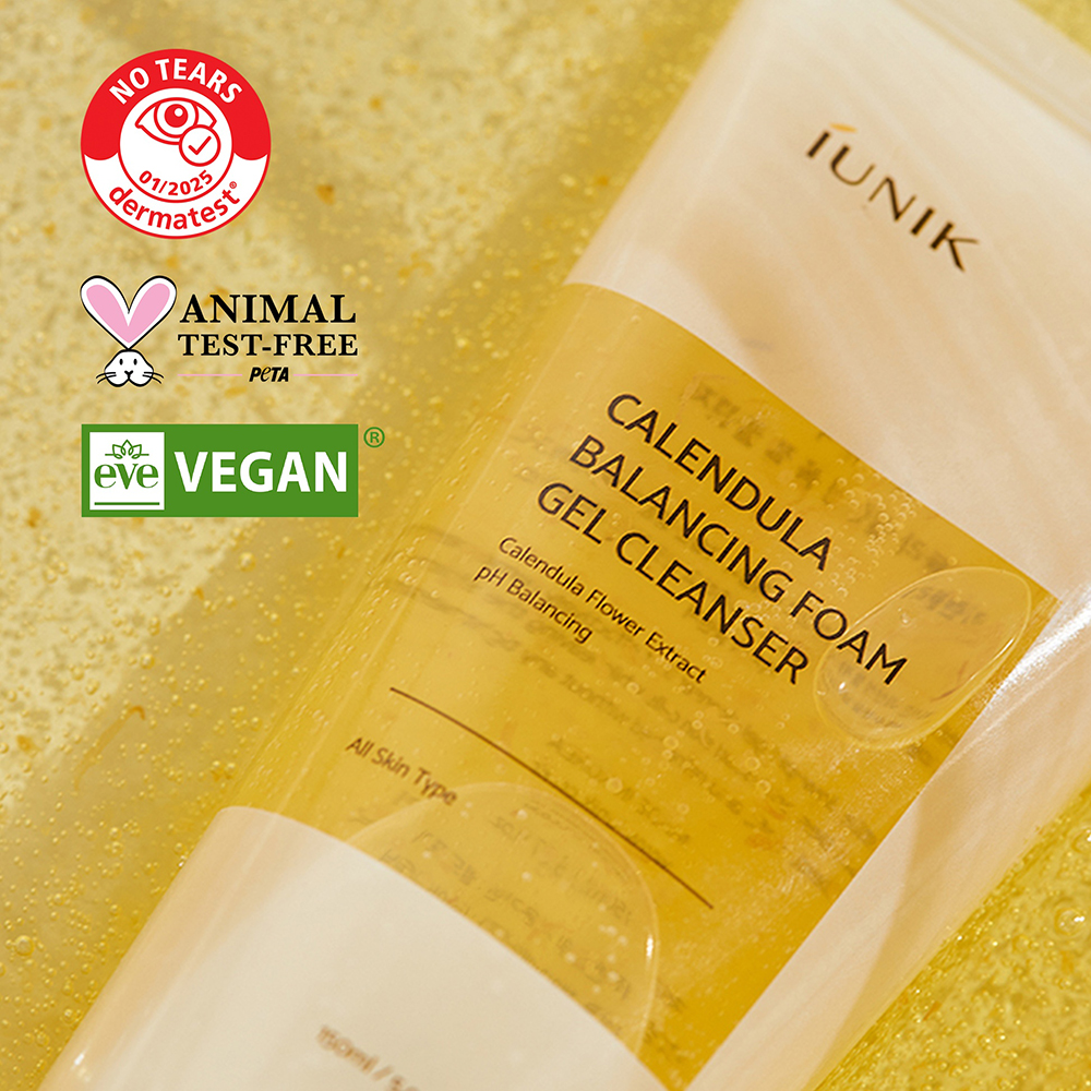 IUNIK Calendula Balancing Foam Gel Cleanser 150 ml - Gel de curatare formulat cu extract de flori de galbenele si acid hialuronic, care contribuie la indepartarea impuritatilor, excesului de sebum, urmelor de protectie solara si machiajului si la metinerea echilibrului natural al pielii si a nivelului optim de hidratare dupa fiecare utilizare