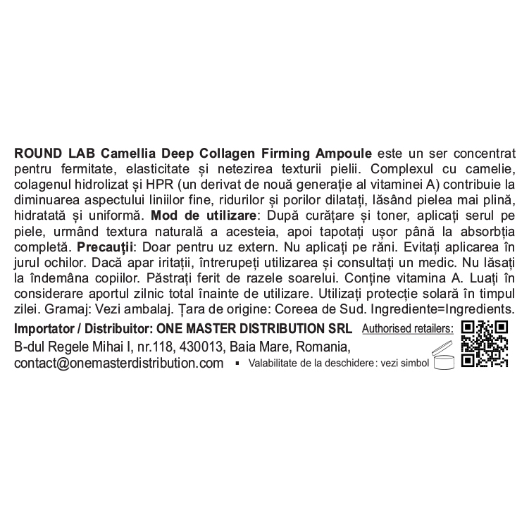 ROUND LAB Camellia Deep Collagen Firming Ampoule 30 ml - Ser de fata formulat cu colagen hidrolizat si niacinamida, care contribuie la hidratarea pielii si la uniformizarea nuantei pielii