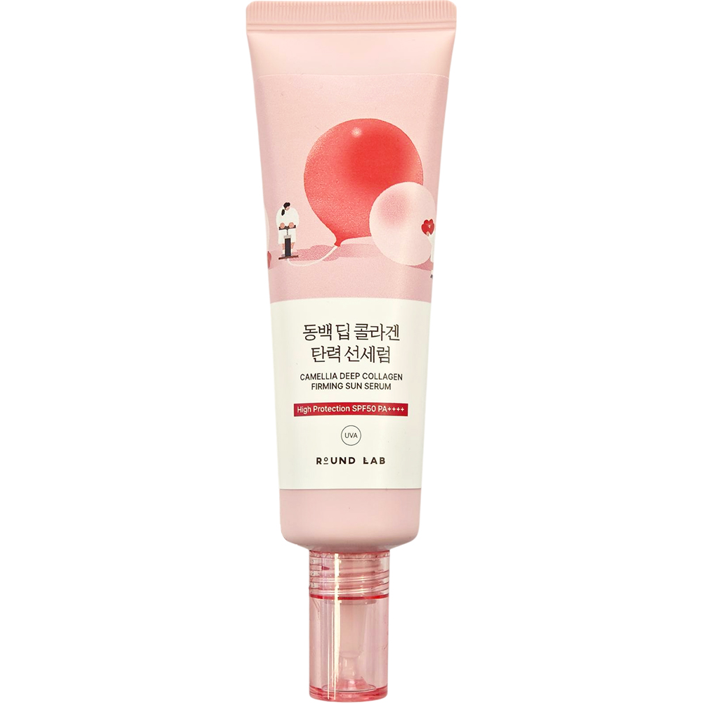 ROUND LAB Camellia Deep Collagen Firming Sun Serum SPF 50 PA++++ 50 ml - Ser de fata formulat cu colagen hidrolizat si niacinamida, care contribuie la hidratarea pielii si la metinerea fermitatii