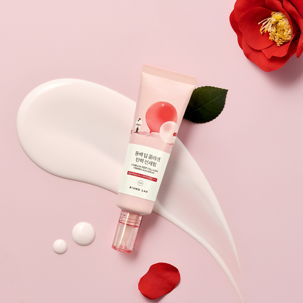 ROUND LAB Camellia Deep Collagen Firming Sun Serum SPF 50 PA++++ 50 ml - Ser de fata formulat cu colagen hidrolizat si niacinamida, care contribuie la hidratarea pielii si la metinerea fermitatii