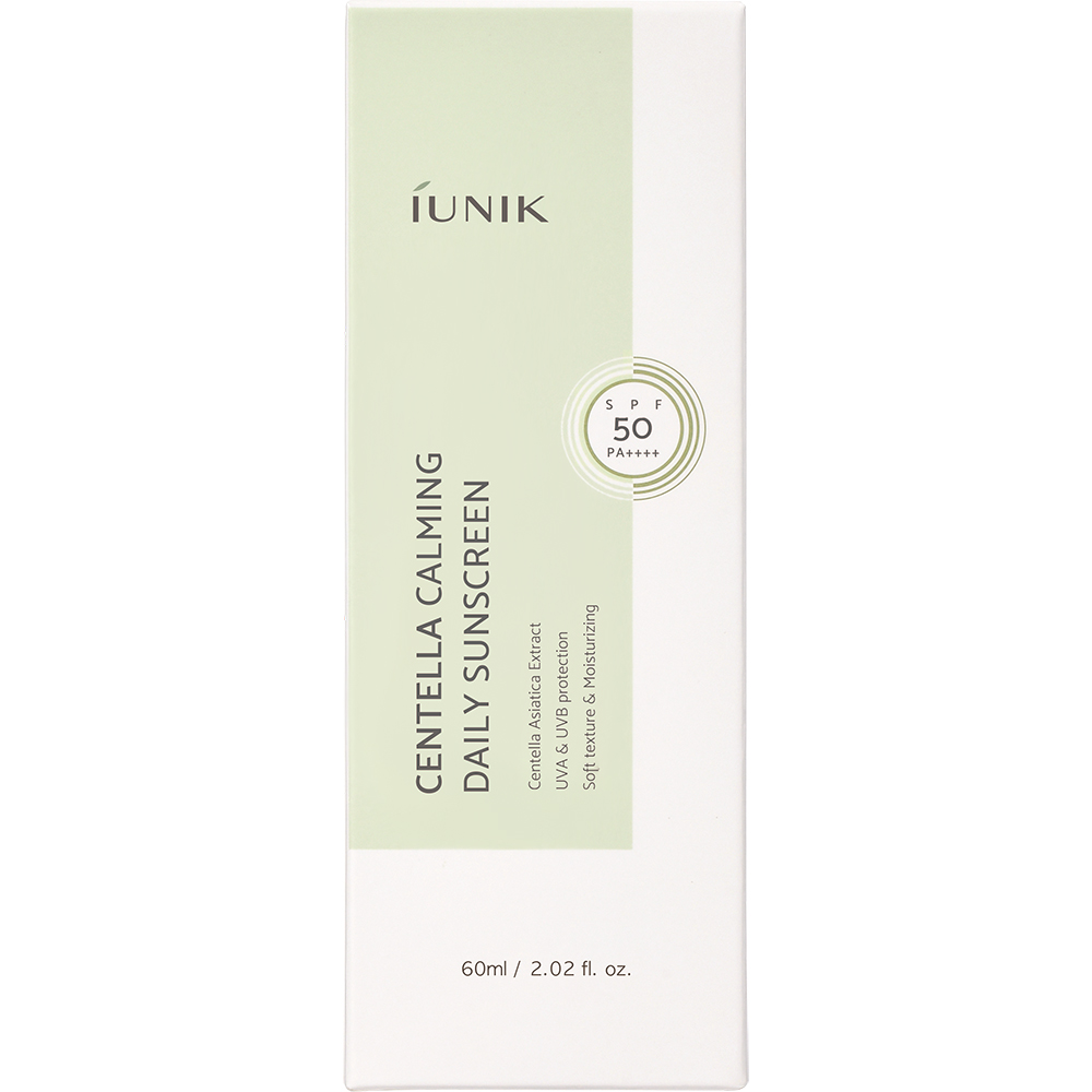 IUNIK Centella Calming Daily Sunscreen 60 ml - crema de fata formulata cu extract de Centella Asiatica si beta-glucan, care contribuie la calmarea pielii sensibile si la atenuarea ridurilor, Daily