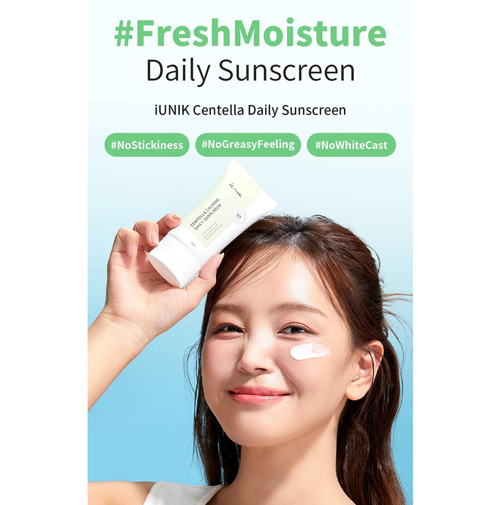 IUNIK Centella Calming Daily Sunscreen 60 ml - crema de fata formulata cu extract de Centella Asiatica si beta-glucan, care contribuie la calmarea pielii sensibile si la atenuarea ridurilor, Daily
