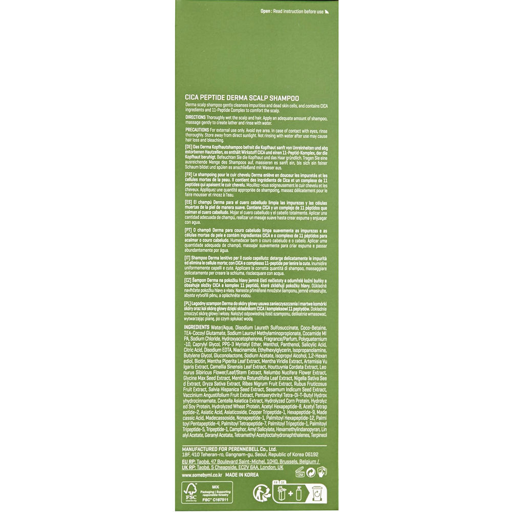 SOME BY MI Cica Peptide Derma Scalp Shampoo - sampon formulat cu Centella Asiatica CICA si complex de 11 peptide, care contribuie la curatarea scalpului si la metinerea senzatiei de prospetime si calmare - 285 ml