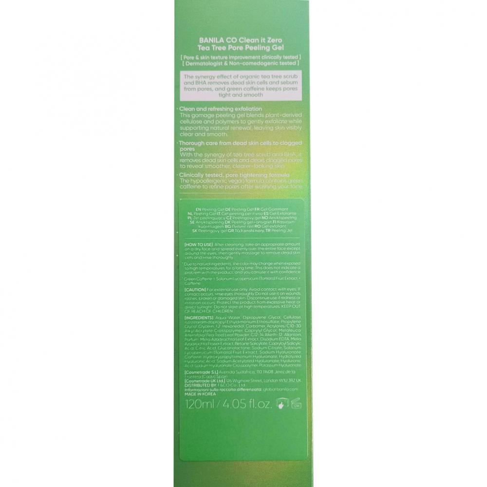 BANILA CO Clean It Zero Tea Tree Pore Peeling Gel, 120 ml - exfoliant formulat cu BHA si acid hialuronic, care contribuie la curatarea porilor si la netezirea pielii si la metinerea confortului dupa exfoliere