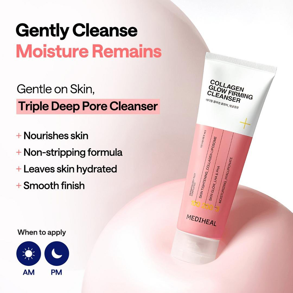 MEDIHEAL Collagen Cleanser Glow Firming, 120 ml - Spuma de curatare formulata cu colagen si acid hialuronic, care contribuie la indepartarea impuritatilor si reziduurilor acumulate la nivelul porilor si la mentinerea hidratarii si a confortului pielii dupa curatare