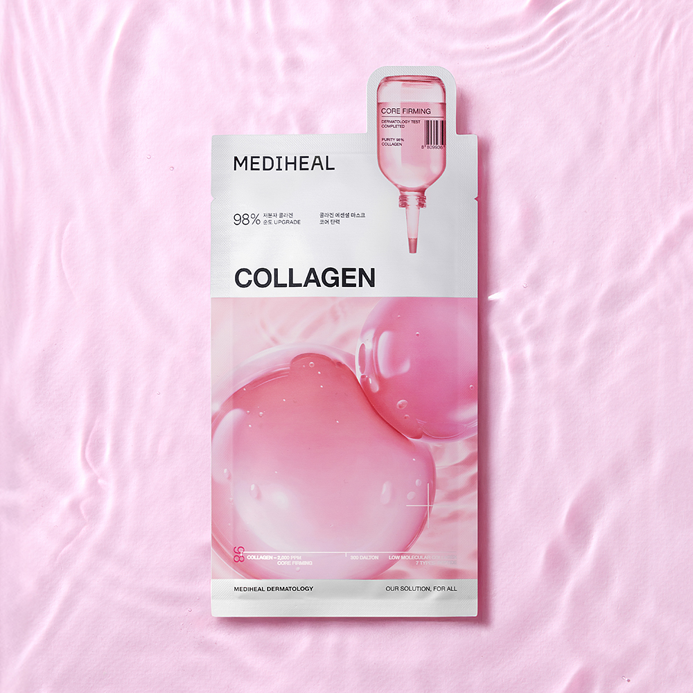 MEDIHEAL Collagen Essential Sheet Mask Core Firming - masca de fata tip servetel imbibata cu esenta formulata cu colagen vegan si acid hialuronic, care contribuie la hidratare si la mentinerea aspectului plin si neted al pielii - 24 ml