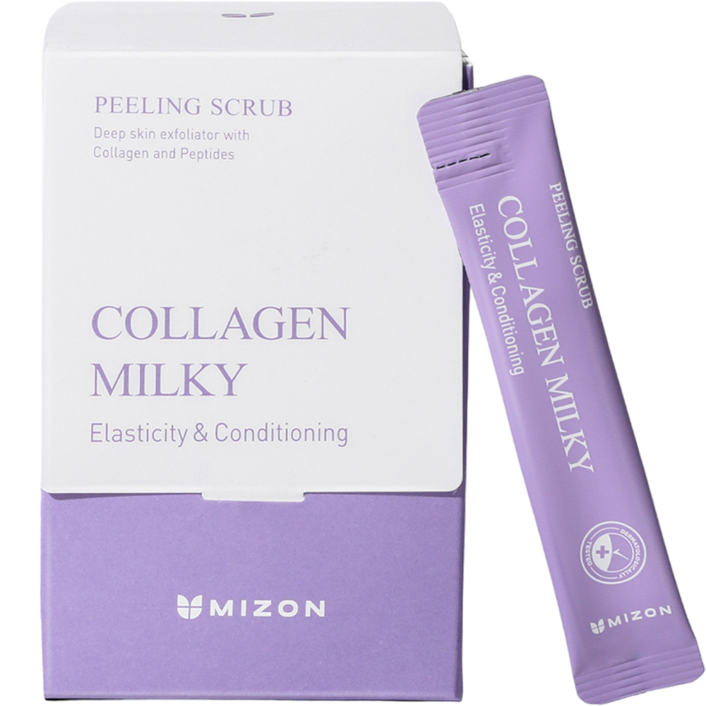 Mizon Collagen Milky Peeling Scrub - Exfoliant facial hidratant cu colagen și peptide - 40 buc x 5g