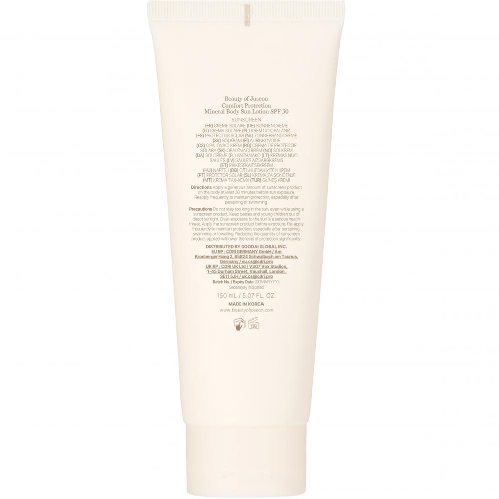BEAUTY OF JOSEON Comfort Protection Mineral Body Sun Lotion SPF 30, 150 ml - Lotiune de corp formulata cu oxid de zinc si pantenol, care contribuie la hidratarea pielii si la metinerea barierei cutanate