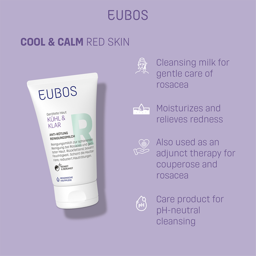 EUBOS Cool and Calm Redness Relieving Cream Cleanser - crema de curatare pentru pielea cu roseata, sensibilitate, cuperoza sau predispozitie la rozacee, formulata cu Extract de Helichrysum italicum si pantenol, care contribuie la reducerea rosetii si la metinerea hidratarii - 150 ml