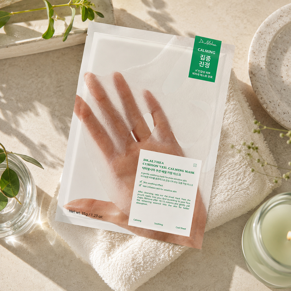 Dr. Althea Cushion Veil Calming Mask - masca de fata tip servetel formulata cu apa de mesteacan si extract de musetel, care contribuie la calmarea si hidratarea pielii sensibile sau iritate si la metinerea confortului cutanat - 35 gr