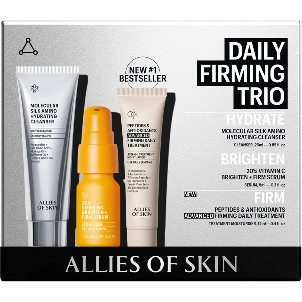 ALLIES OF SKIN Daily Firming Trio Kit Set pentru fermitate - curatare, hidratare si stralucire ten, 3 produse mini, 45ml