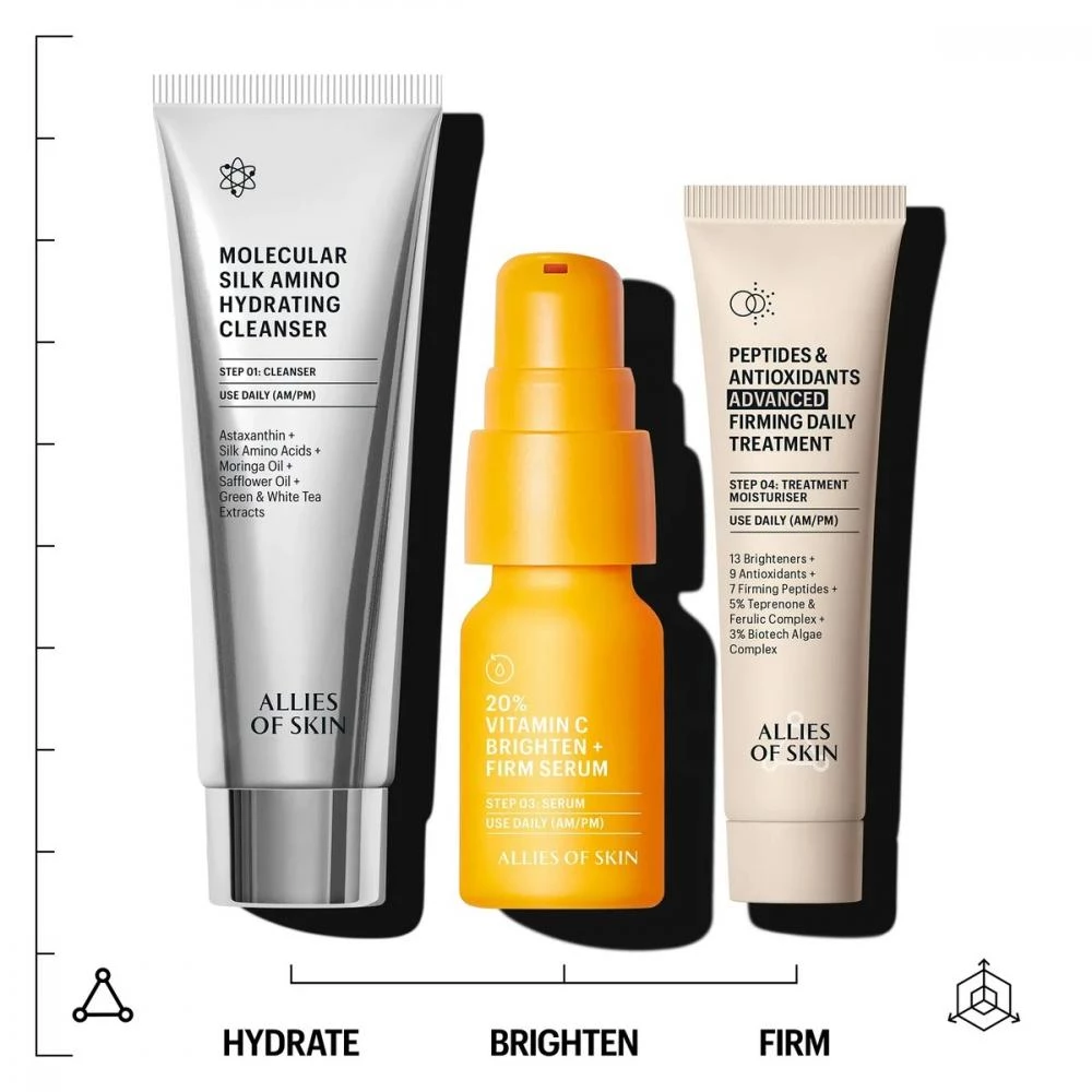 ALLIES OF SKIN Daily Firming Trio Kit Set pentru fermitate - curatare, hidratare si stralucire ten, 3 produse mini, 45ml