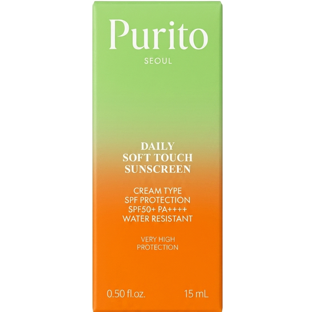 PURITO Daily Soft Touch Mini SPF 50+, 15 ml - crema de fata formulata cu filtre UVA si UVB si pantenol, care contribuie la protectia solara de pana la 10 ore, Outdoor