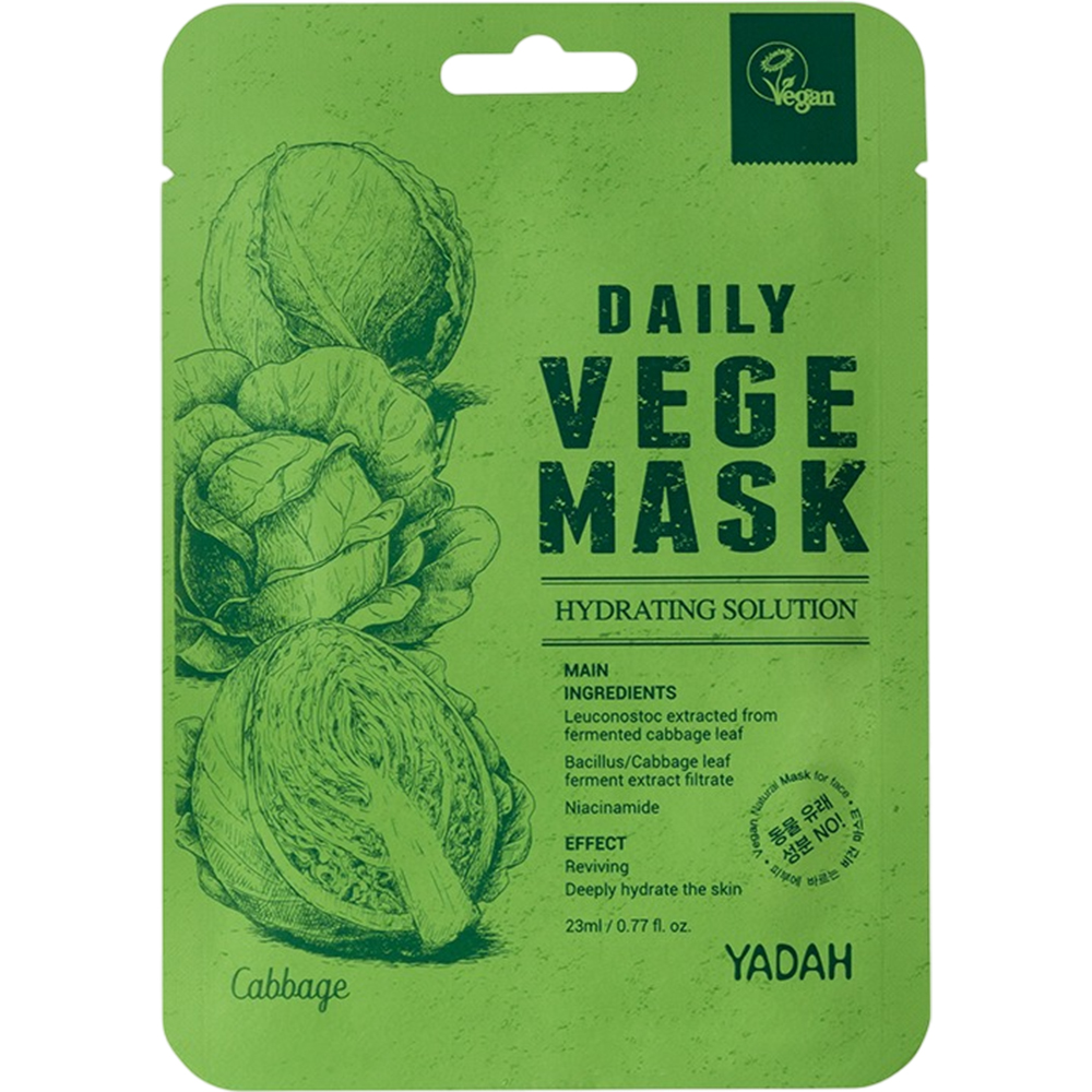 Yadah Daily Vege Cabbage – Mască de față vegană cu extract de varză fermentată pentru hidratare și calmare 23 ml