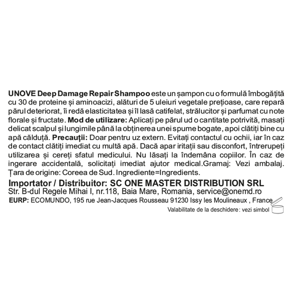 UNOVE Deep Damage Repair - sampon formulat cu proteine si aminoacizi, care contribuie la repararea parului deteriorat si la metinerea hidratarii - 500 ml