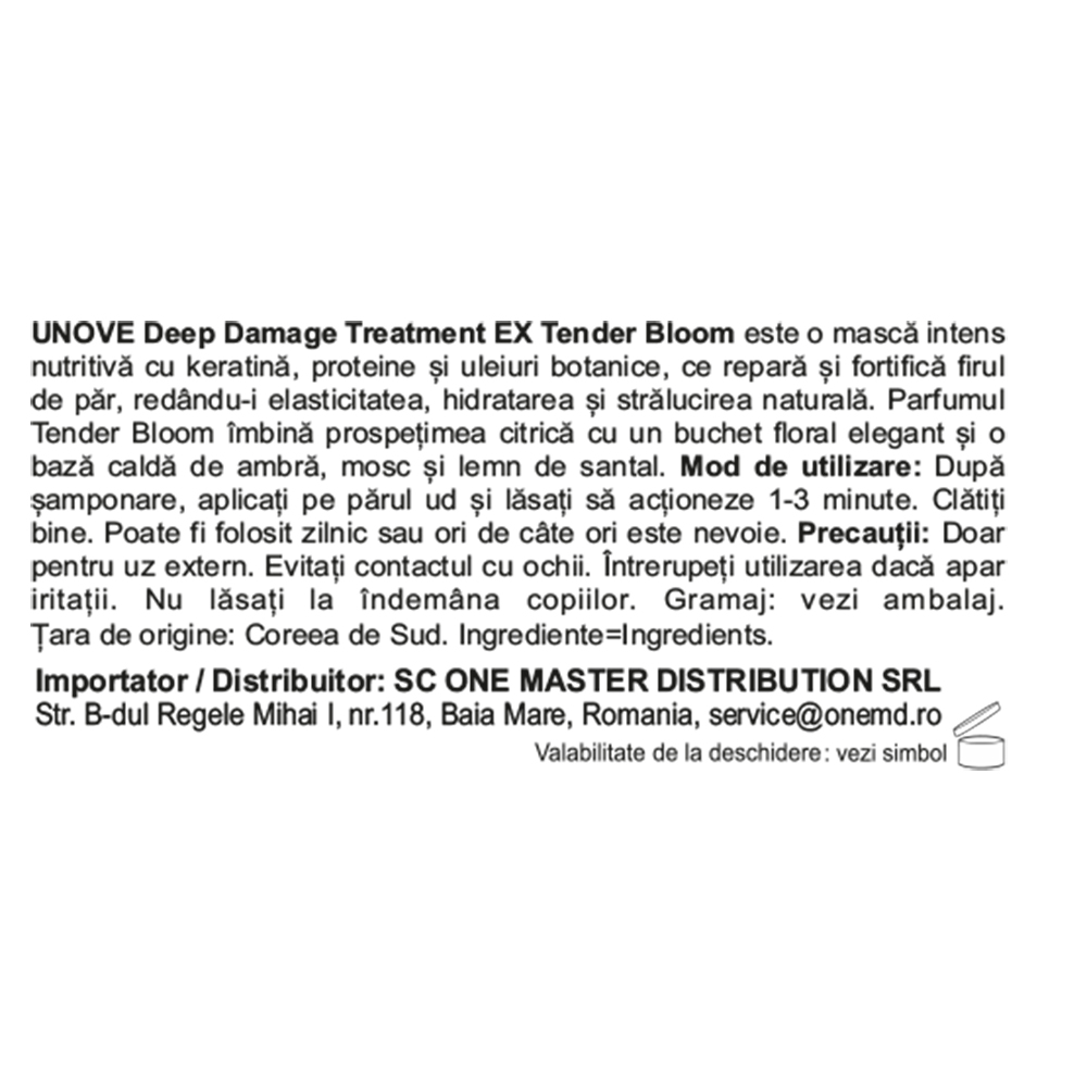 UNOVE Deep Damage Treatment Ex ( Tender Bloom) - masca de par formulata cu keratina si ulei de argan, care contribuie la repararea in profunzime a structurii firului de par - 207 ml