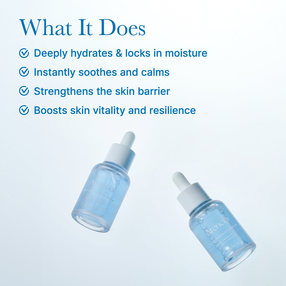 ARENCIA Deep Water Surge Serum, 30 ml - ser de fata formulat cu acid hialuronic si ceramide, care contribuie la hidratarea pielii si la mentinerea barierei cutanate