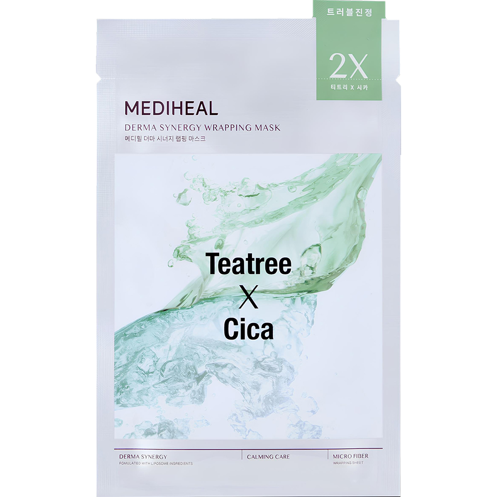 MEDIHEAL Derma Synergy Wrapping Sheet Mask Teatree X Cica Calming - masca de fata formulata cu arbore de ceai si Centella Asiatica, care contribuie la calmarea pielii sensibile, iritate sau predispuse la imperfectiuni si la metinerea pielii hidratate si confortabile - 25 ml