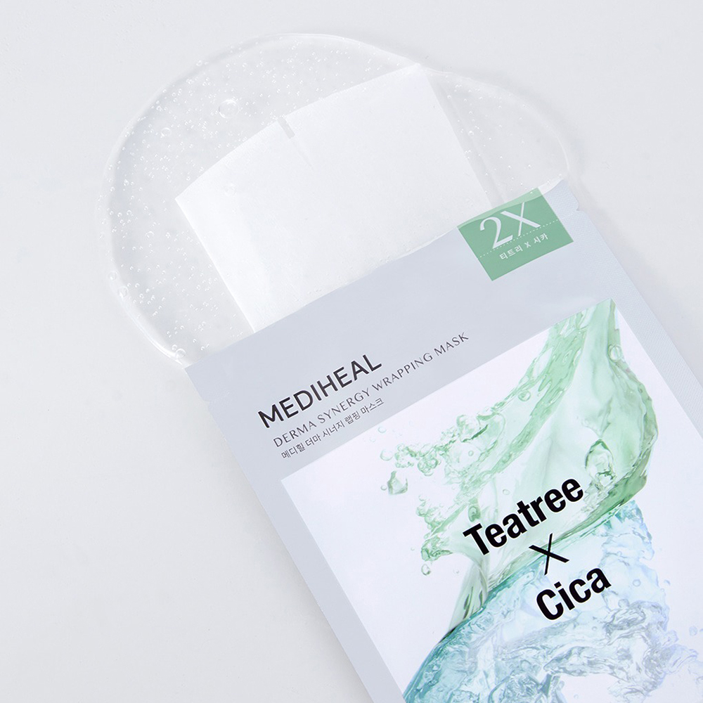 MEDIHEAL Derma Synergy Wrapping Sheet Mask Teatree X Cica Calming - masca de fata formulata cu arbore de ceai si Centella Asiatica, care contribuie la calmarea pielii sensibile, iritate sau predispuse la imperfectiuni si la metinerea pielii hidratate si confortabile - 25 ml