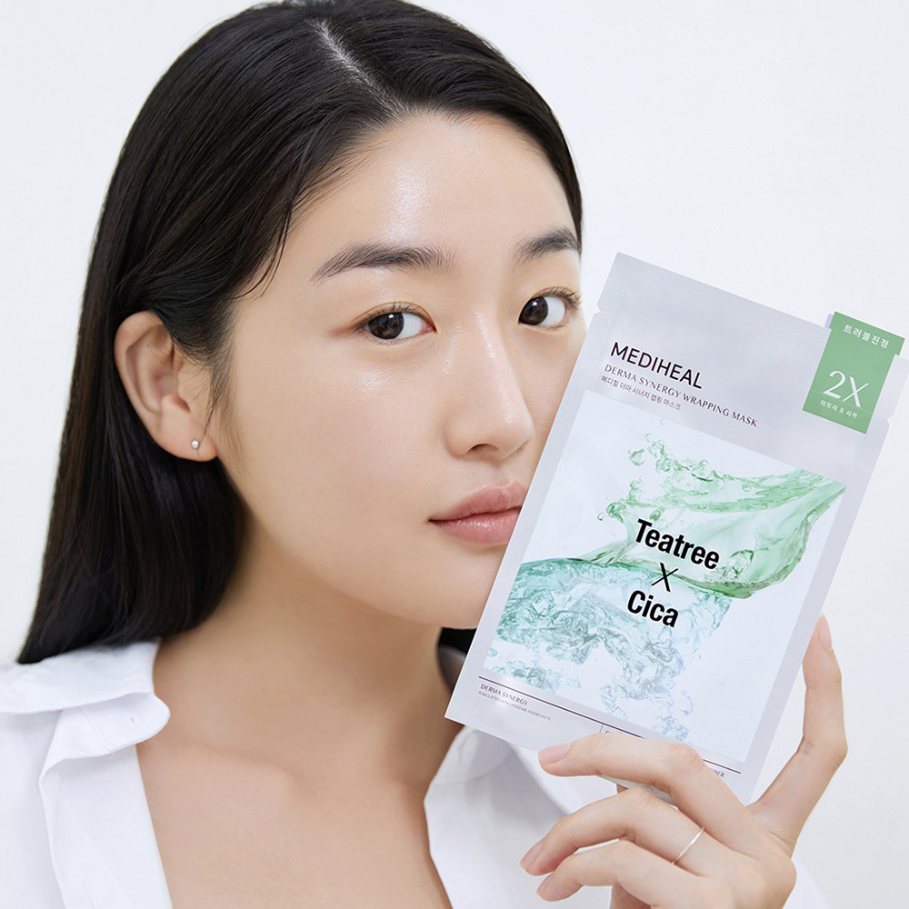MEDIHEAL Derma Synergy Wrapping Sheet Mask Teatree X Cica Calming - masca de fata formulata cu arbore de ceai si Centella Asiatica, care contribuie la calmarea pielii sensibile, iritate sau predispuse la imperfectiuni si la metinerea pielii hidratate si confortabile - 25 ml