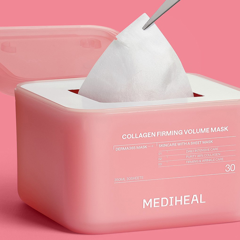 MEDIHEAL Derma365 Mask Collagen Firming Volume 350 ml - Set 30 de masti de fata formulat cu colagen si retinol, care contribuie la ingrijirea pielii cu fermitate redusa si la metinerea hidratarii