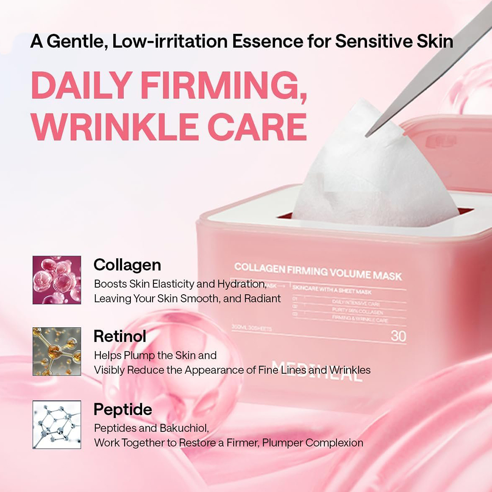 MEDIHEAL Derma365 Mask Collagen Firming Volume 350 ml - Set 30 de masti de fata formulat cu colagen si retinol, care contribuie la ingrijirea pielii cu fermitate redusa si la metinerea hidratarii