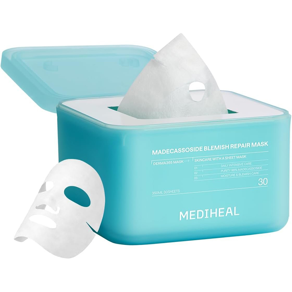 MEDIHEAL Derma365 Mask Madecassoside Blemish Repair, 350 ml - Set 30 de masti de fata formulat cu madecassoside si niacinamida, care contribuie la calmarea pielii sensibilizate, la ingrijirea petelor post-imperfectiuni si la metinerea hidratarii si confortului