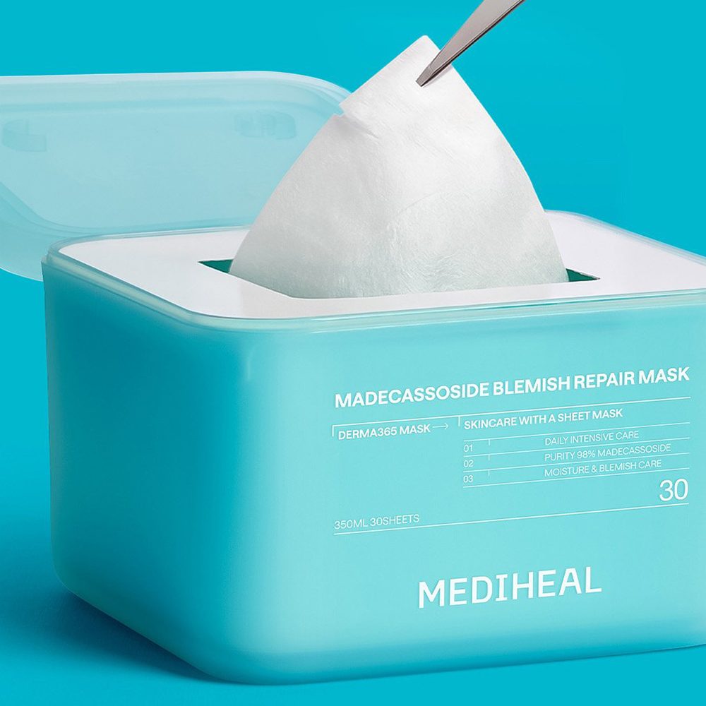 MEDIHEAL Derma365 Mask Madecassoside Blemish Repair, 350 ml - Set 30 de masti de fata formulat cu madecassoside si niacinamida, care contribuie la calmarea pielii sensibilizate, la ingrijirea petelor post-imperfectiuni si la metinerea hidratarii si confortului
