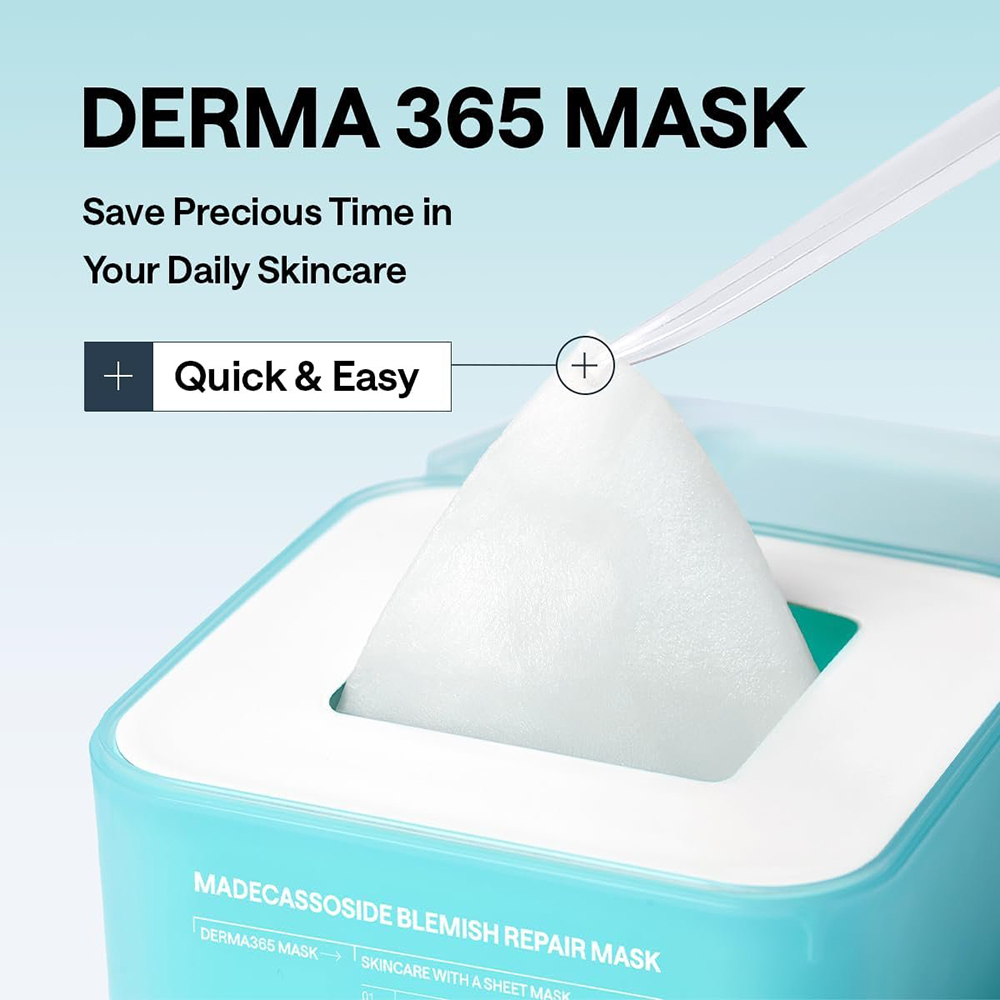 MEDIHEAL Derma365 Mask Madecassoside Blemish Repair, 350 ml - Set 30 de masti de fata formulat cu madecassoside si niacinamida, care contribuie la calmarea pielii sensibilizate, la ingrijirea petelor post-imperfectiuni si la metinerea hidratarii si confortului