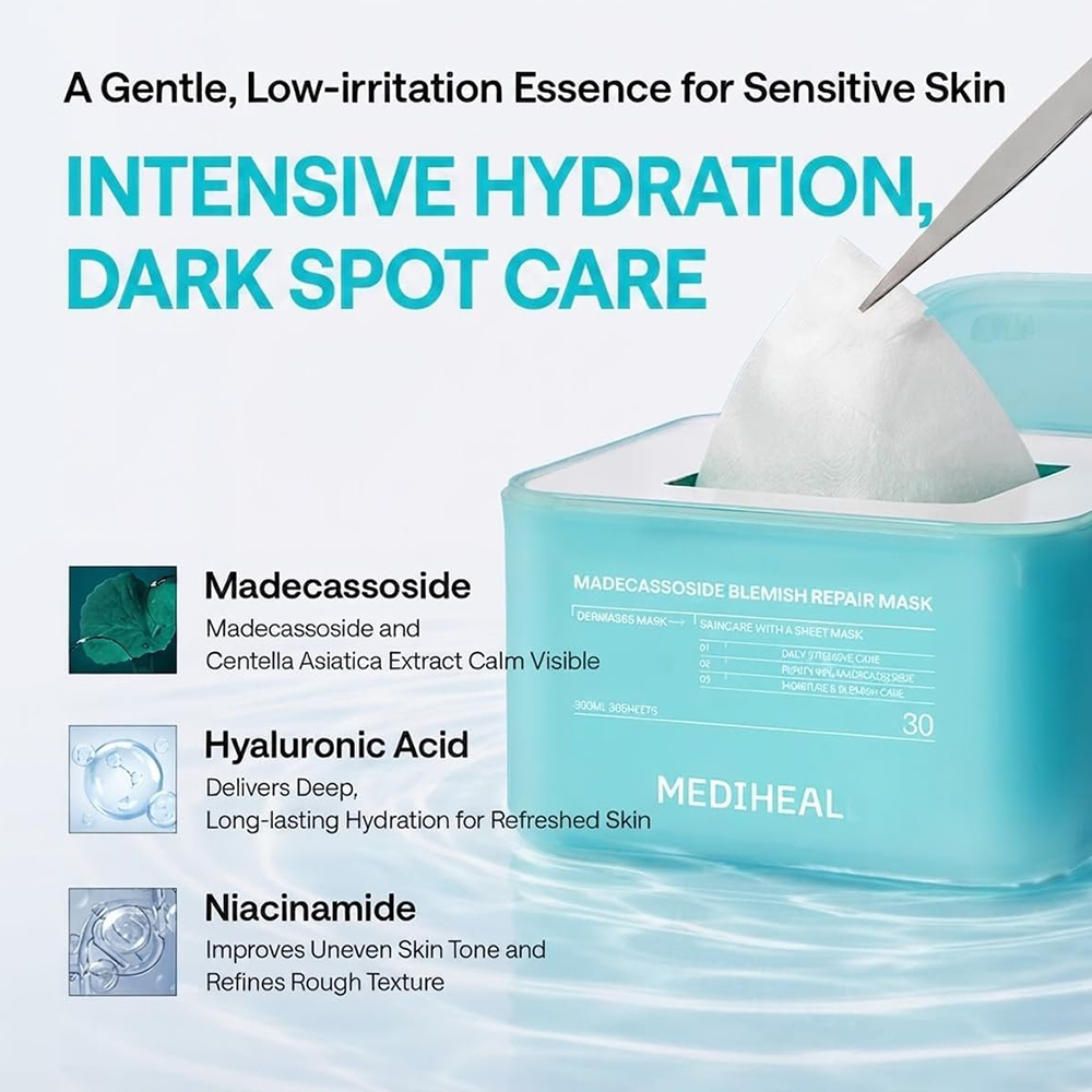 MEDIHEAL Derma365 Mask Madecassoside Blemish Repair, 350 ml - Set 30 de masti de fata formulat cu madecassoside si niacinamida, care contribuie la calmarea pielii sensibilizate, la ingrijirea petelor post-imperfectiuni si la metinerea hidratarii si confortului