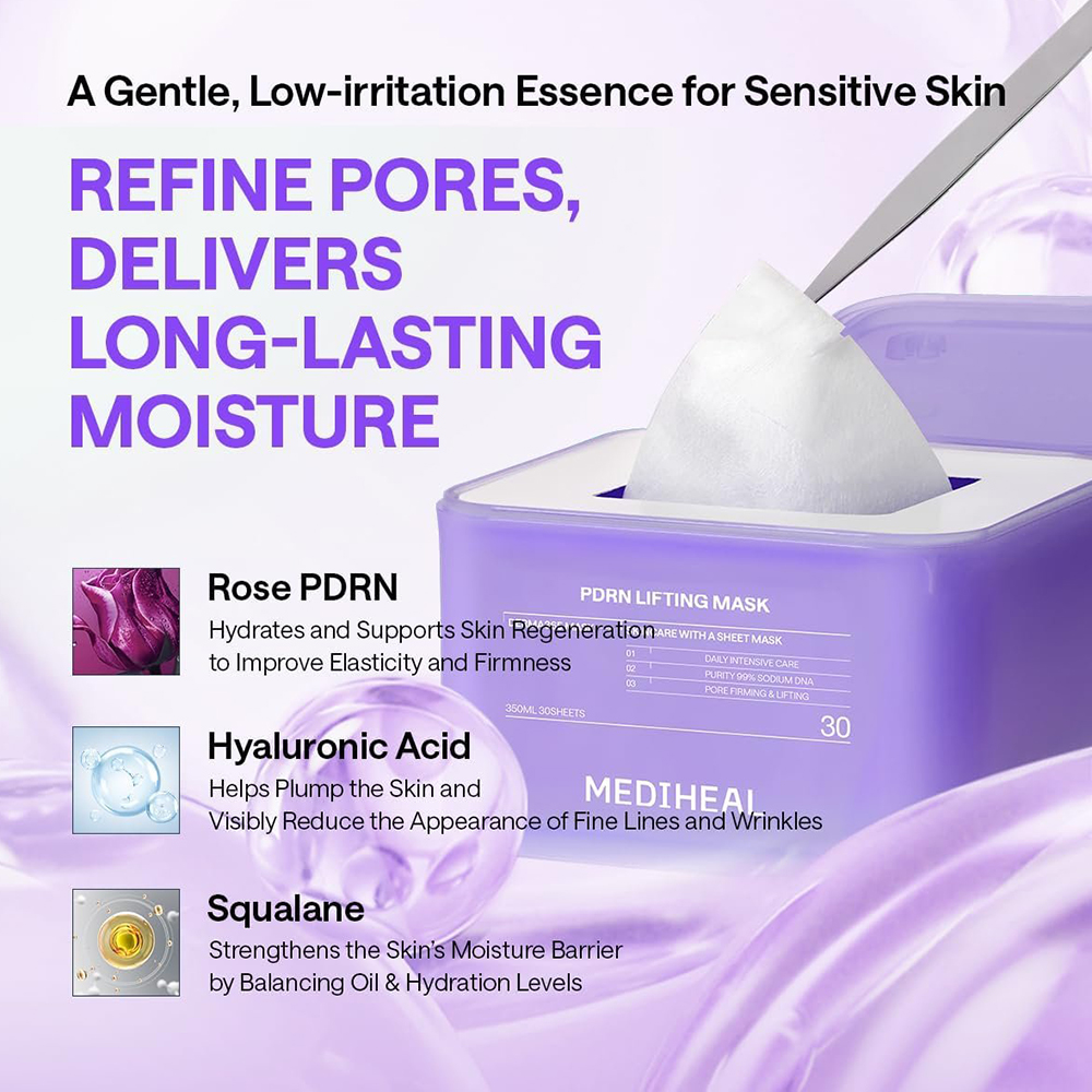 MEDIHEAL Derma365 Mask PDRN Lifting, 350 ml - Set 30 de masti de fata formulat cu squalan si acid hialuronic, care contribuie la fermitatea pielii, diminuarea aspectului porilor si la mentinerea hidratarii